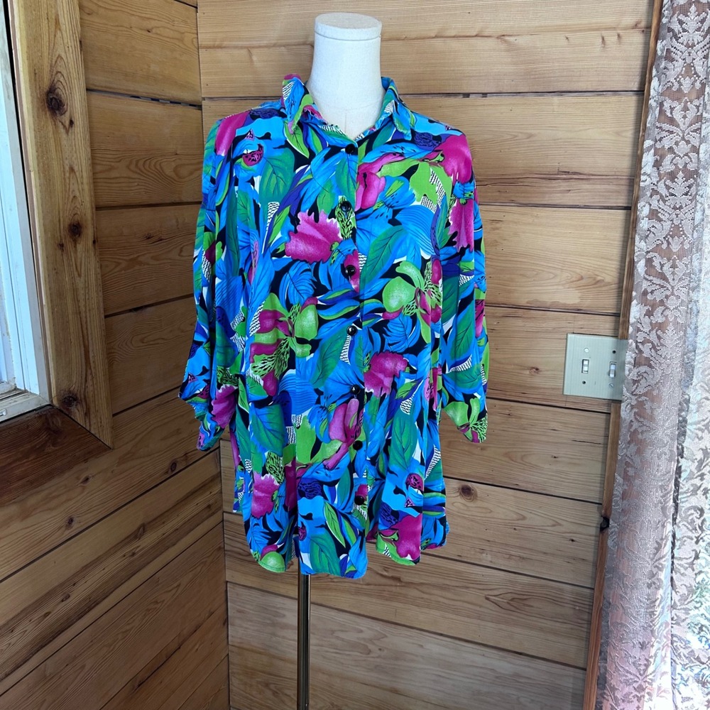 Vintage Tropical Floral Blouse Womens Large Neon Blue Pink Green Lorenzo